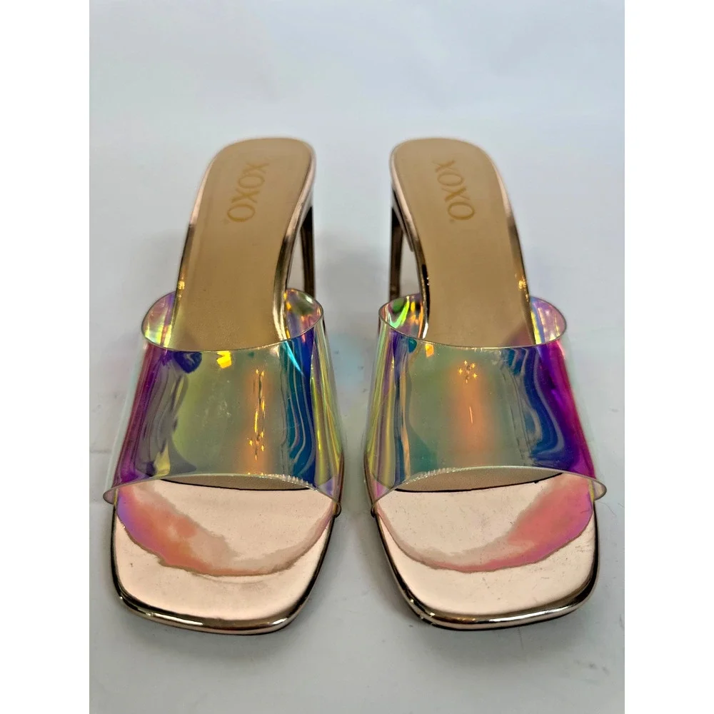 XOXO Iridescent Holographic Mule Heels Size 9 Metallic Square Toe Sandals